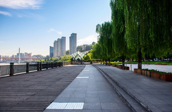 Chongqing city skyline, with wooden floors and guardrails.