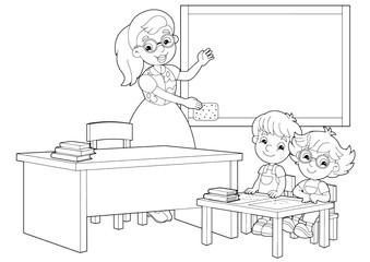 cartoon scene with children and teacher in the classroom holding hands up vector coloring page - illustration for children