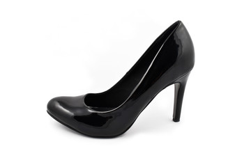 One black shiny high heels on a white background stock photo images. Single black high heels shoe on a white background