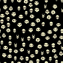 Seamless halloween pattern with skulls. Vector illustration, isolated on black background. Fabric print design.