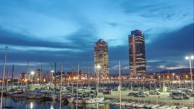 Twilight hyperlapse with port Olympic of Barcelona, Barcelona, Spain.