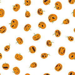 Seamless halloween pattern with carved pumpkinst. Jack-o-lantern. Vector illustration, isolated on white background. Fabric print design.