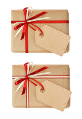 Set of gift boxes with ribbon bow and a tag