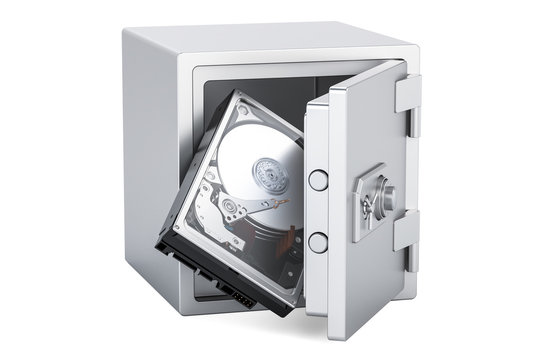 Hard Disk Drive HDD inside safe box, protection concept. 3D rendering