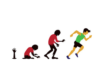 Fototapeta na wymiar Zombie evolution into man by running. Illustration is a concept about healthy from exercise.