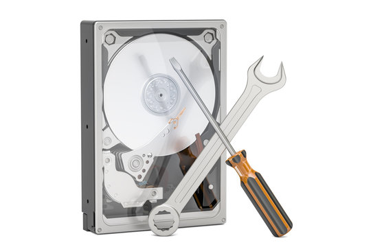 Hard Disk Drive HDD with tools. Repair and recovery concept, 3D rendering