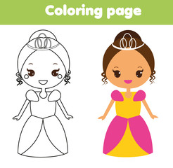 Cute princess. Coloring page. Drawing educational game for toddlers kids. Printable activity