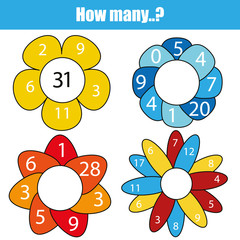 Counting educational children game, kids activity worksheet. How many objects task. Mathematics for toddlers