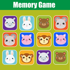 Memory game for toddlers. Educational children, kids activity with cute animals faces