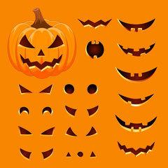 Gather your pumpkin yourself. Designer of the symbol of an orange pumpkin with various eyes, nose and smile. The main symbol of the international holiday is happy Halloween. Vector illustration.