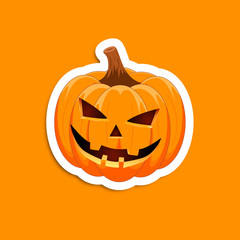 Pumpkin sticker on an orange background. The main symbol of the Happy Halloween holiday. Orange pumpkin with smile for your design for the holiday Halloween. Vector illustration.