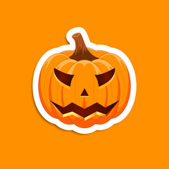 Pumpkin sticker on an orange background. The main symbol of the Happy Halloween holiday. Orange pumpkin with smile for your design for the holiday Halloween. Vector illustration.
