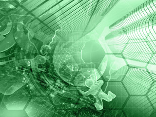 Globe, buildings and mans