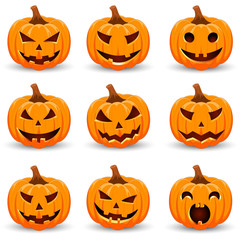 Set pumpkin on white background. The main symbol of the Happy Halloween holiday. Orange pumpkin with smile for your design for the holiday Halloween. Vector illustration.