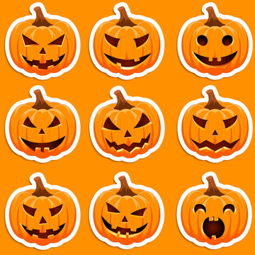 Set pumpkin sticker on an orange background. The main symbol of the Happy Halloween holiday. Orange pumpkin with smile for your design for the holiday Halloween. Vector illustration.