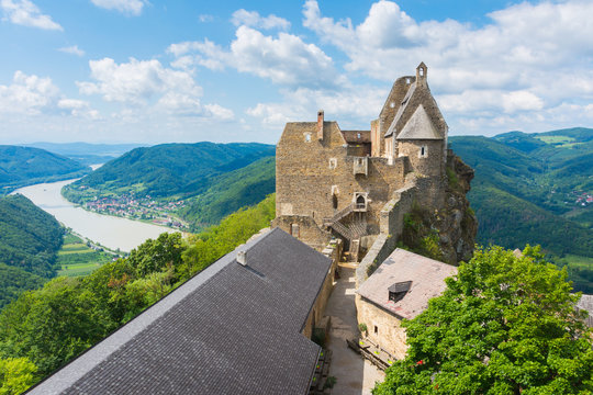 castle Aggstein - old castle and Danube river in Wachau, Austria