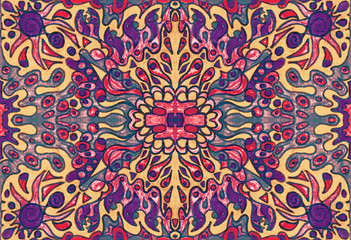 Ethnic ornament seamless pattern inspired by fusion of Ukrainian, Indian and Mexican traditional motifs, purple and pink colors felt-tip pens doodle drawing