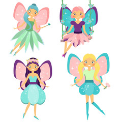 Fairy set. Beautiful girl in fying fairy costumes. Winged elf princesses in cartoon style