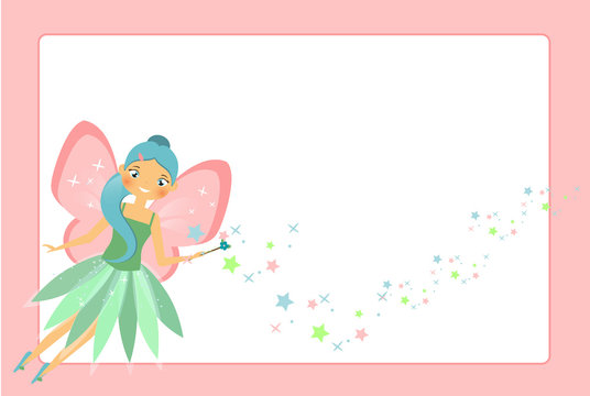 Beautiful flying fairy character with pink wings. Elf princess with magic wand. Pink frame design template for photos, children diplomas, kids certificate, invitations and etc