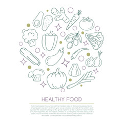 Vegetable Line Icons Set Circle Shape. Healthy Vegetarian Food Outline Objects.