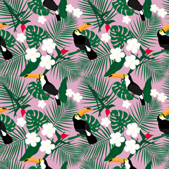 Bright tropical seamless pattern with toucan and tropical leaves. Jungle texture. Perfect for wallpapers, pattern fills, web page backgrounds, surface textures, textile. Vector Illustration. © Viktoriia