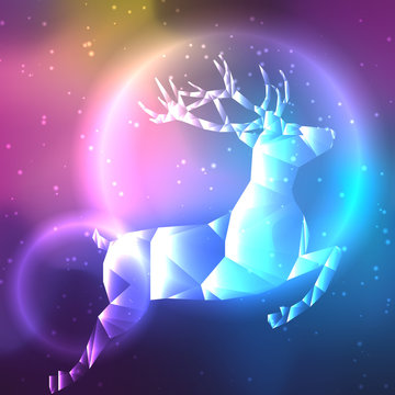 Low poly crystal polar deer. Space background with stars and planets.