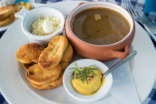 A delicious fish soup poisson served with croutons, chesse and especially made rouille sauce is well-known in the southern part of France, Occitanie region 