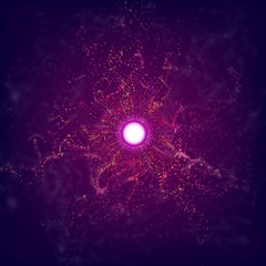 Big data particle circle grid explosion with bokeh. Ai abstract vector light background. Futuristic dust.