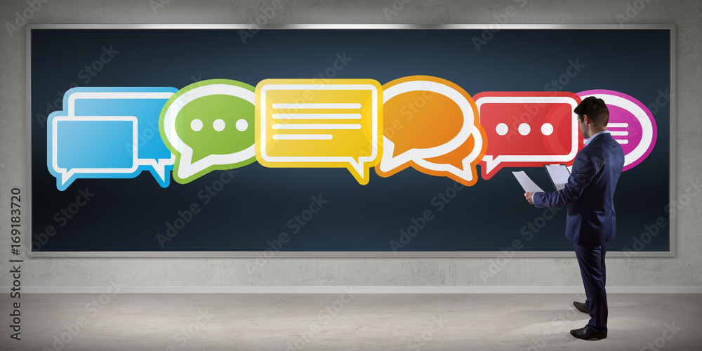 Wall mural businessman using social network interface on a board 3d rendering