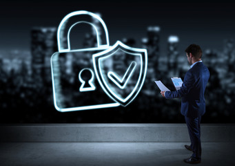 Businessman watching internet security interface sketch on a rooftop 3D rendering