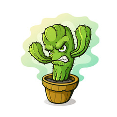 Vector illustration. Angry thorny cactus clenched teeth from anger in a flowerpot. Cartoon character with contour. Isolated on white background