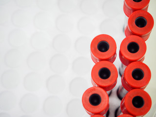 Close-up detail of multiple vacutainer tubes with red tops in a foam rack at a hospital. Healthcare and medical equipment concept. - 169185391