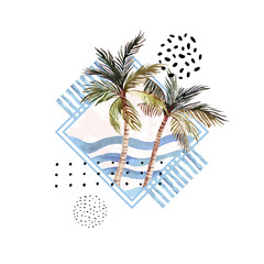 Watercolor palm tree print in geometric shape with memphis elements isolated on white background.
