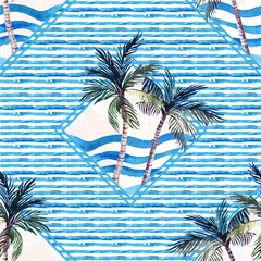 Zelfklevend Fotobehang Watercolor palm tree print in geometric shape on striped background. © Tanya Syrytsyna