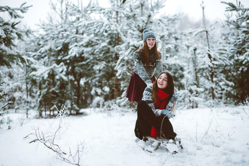 Close up fashion portrait of two sisters hugs and having fun, ride on sled in winter time forest, wearing sweaters and scarfs,best friends couple outdoors, snowy weather