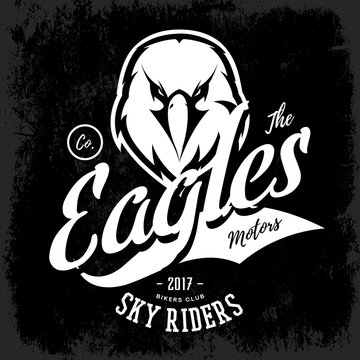 Vintage furious eagle bikers gang club vector logo concept isolated on black background. 
Street wear mascot badge design. Premium quality wild bird emblem t-shirt tee print illustration.