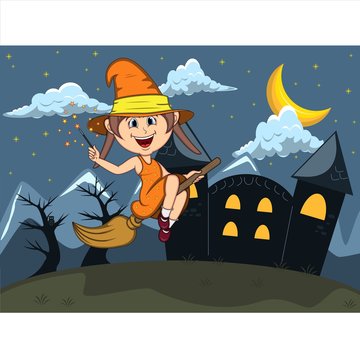 Halloween background with witches flying using broom stick cartoon