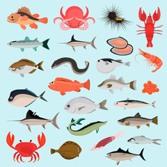 Big color flat sea animals and food icons for web and mobile design