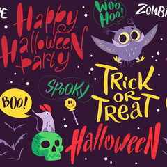Vector flat cartoon Halloween seamless pattern with funny animals