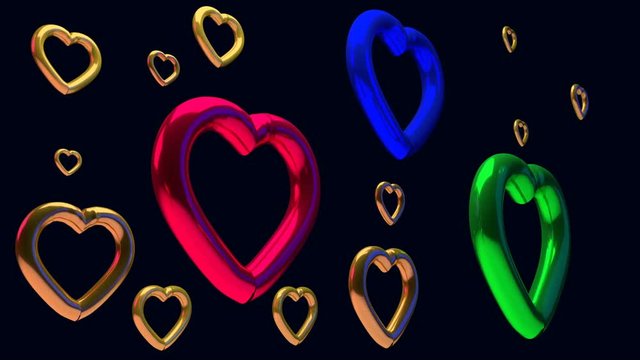 3D-Rendering von schwebenden, glänzenden Herzskulpturen vor dunkelblauem Hintergrund