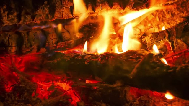 Bonfire Lit at Night in the Forest. Time Lapse. Burning logs in orange flames closeup. Background of the fire. Beautiful fire burns brightly. Embers of the fire climb up. Red flames surging up.