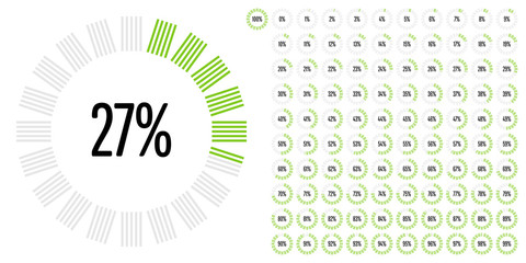 Set of circle percentage diagrams from 0 to 100 ready-to-use for web design, user interface (UI) or infographic - indicator with green