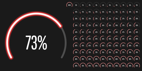 Fototapeta na wymiar Set of circular sector percentage diagrams from 0 to 100 ready-to-use for web design, user interface (UI) or infographic - indicator with neon red