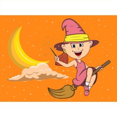 Halloween background with witches flying using broom stick cartoon