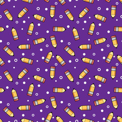 Pattern yellow pencil wooden and pink eraser on a violet background