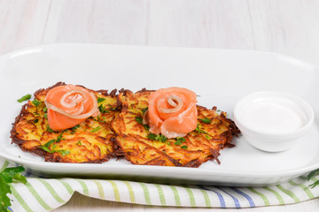 Draniki with salted salmon