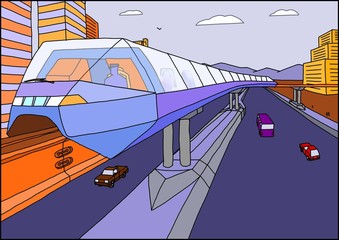 A monorail moves above the street