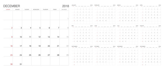 Calendar. 2018 Calendar. Vector print template.