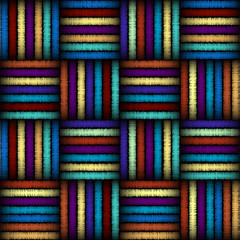 Imitation of geometric embroidery pattern. Colored lines on a black background. Ethnic and tribal motifs. Seamless vector background in the bohemian style.