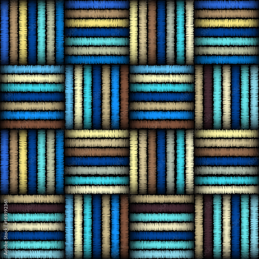 Poster imitation of geometric embroidery pattern. colored lines on a black background. ethnic and tribal mo